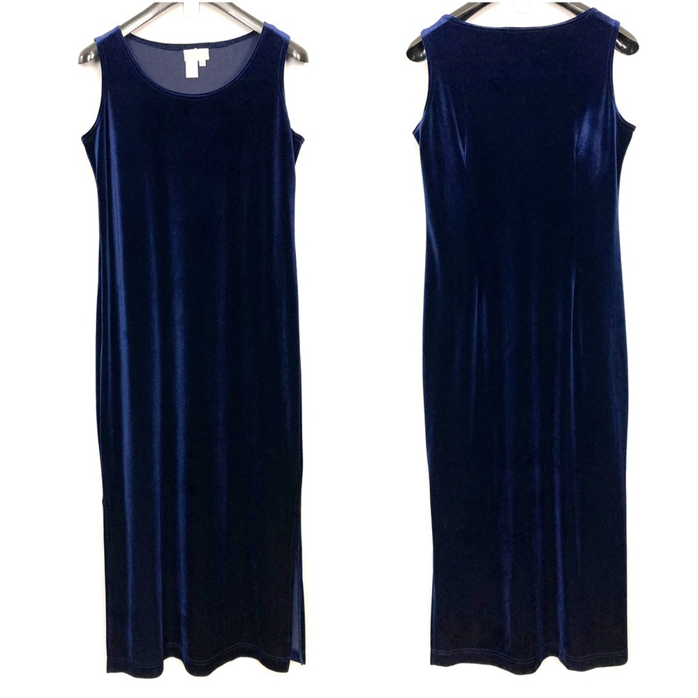 Coldwater Creek Velvet Maxi Dress Women’s Size M Sleeveless Shift Side Slit Blue
